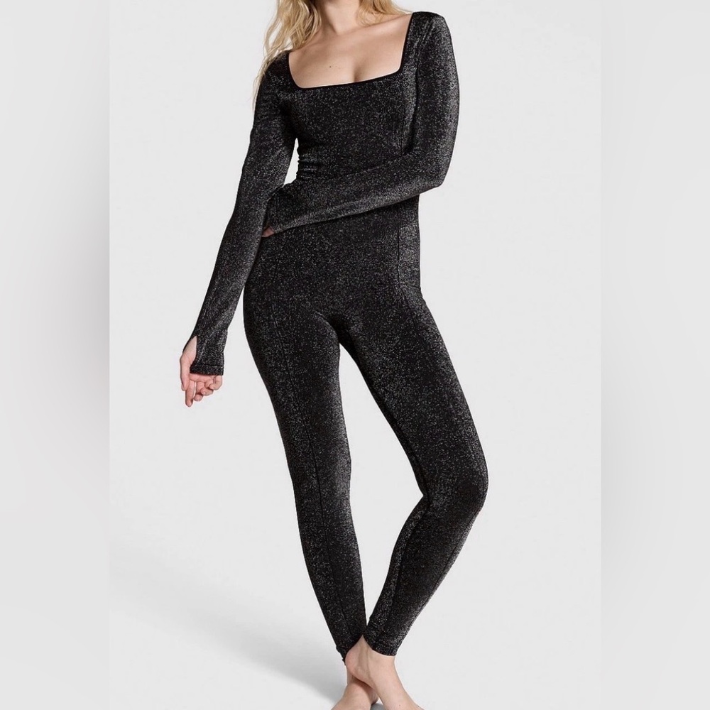 Victoria's Secret Pink Size L Long Sleeve Square Neck Bodysuit Black Bling NWT